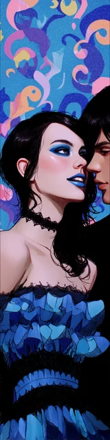 Free dark romance bookmark featuring a couple talking closely in a blue theme